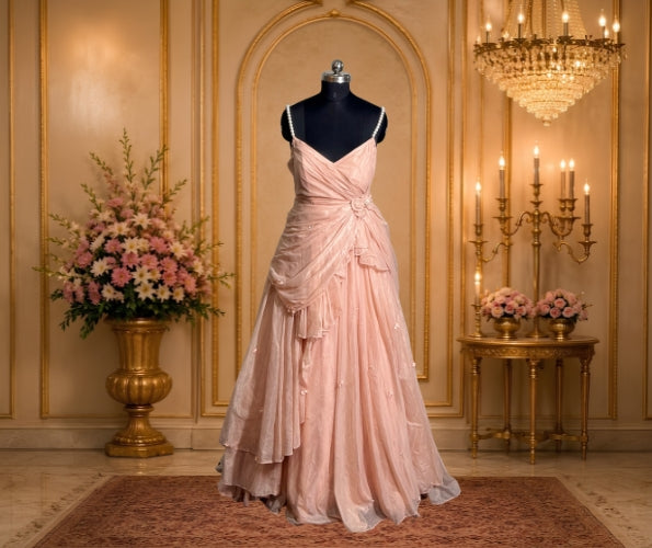 Women's Blush Pink Designer Evening Gown with Floral Draped Detail