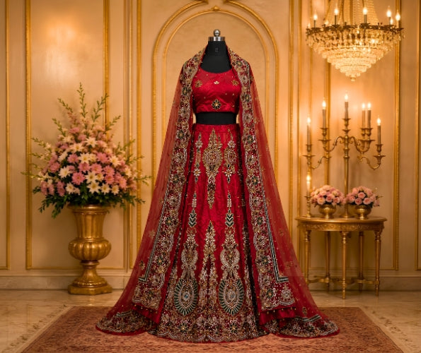Women's Maroon Bridal Embroidered Lehenga Set with Matching Blouse and Embellished Dupatta