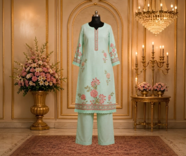Women's Mint Green Floral Printed Kurta Set with Lining