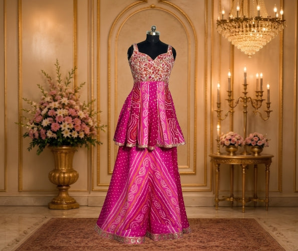 Pink Bandhani Print Peplum Lehenga Set with Embroidered Sleeveless Blouse for Women