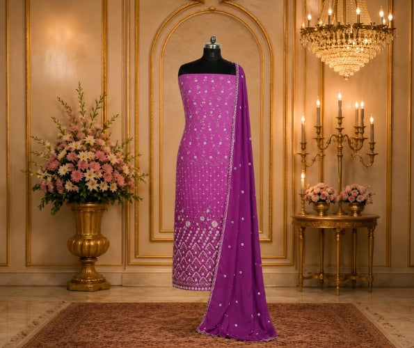 Women's Purple Embroidered Straight Suit Set with Matching Dupatta