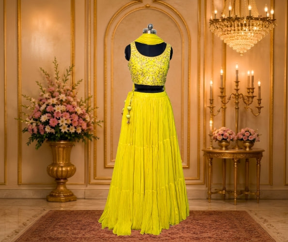 Women's Yellow Embroidered Crop Top and Tiered Lehenga Set with Matching Dupatta