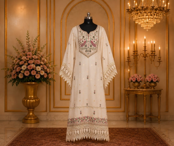Women's Ivory Embroidered A-Line Kurta with Lace Bell Sleeves