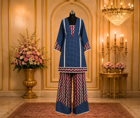 Women's Navy Blue Printed Kurta Set