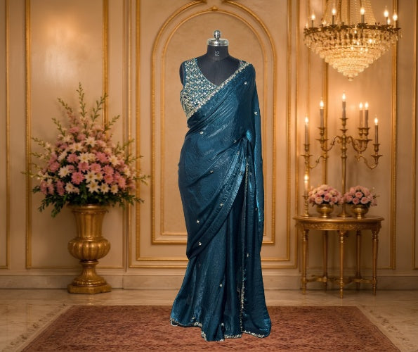 Women's Teal Blue Designer Saree with Embroidered Blouse
