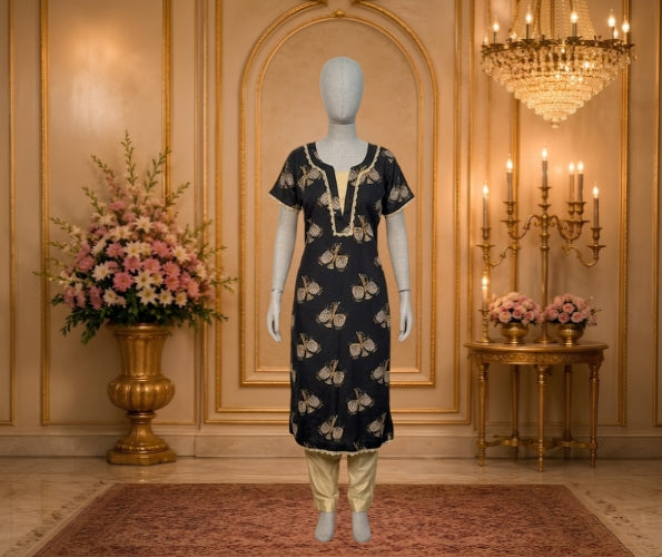 Women's Black Printed Kurta Set with Beige Straight Pants