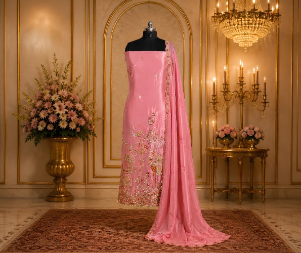 Women's Pink Embroidered Straight Suit Set with Matching Dupatta
